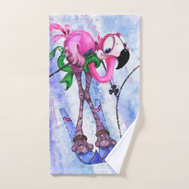 Funny Bath Towels with Pink Flamingo Skier (Hand Towel)