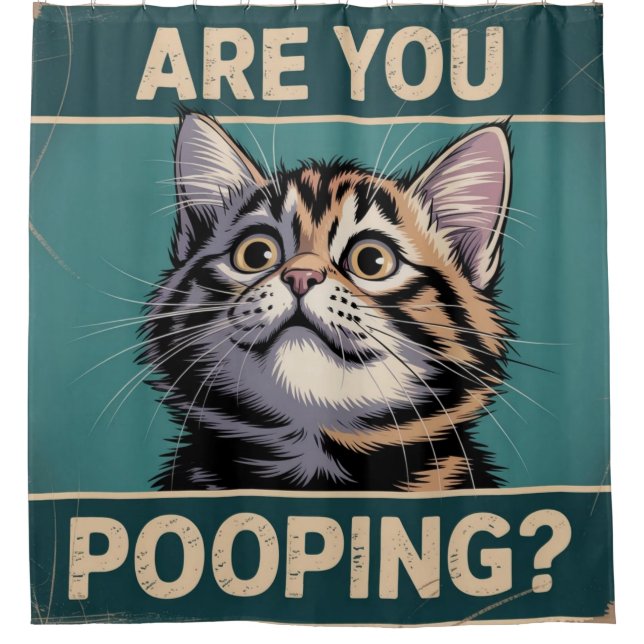 Funny Bathroom - Are You Pooping? Humorous Cat Shower Curtain (Front)