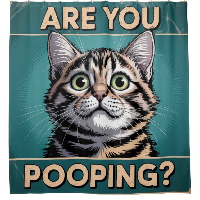 Funny Bathroom - Are You Pooping? Humorous Cat Shower Curtain (Front)