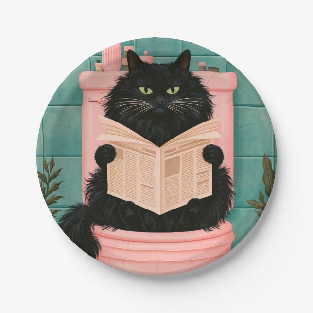 Funny Bathroom Black Cat  Paper Plates (Front)