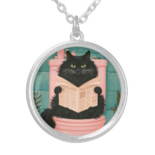 Funny Bathroom Black Cat Silver Plated Necklace