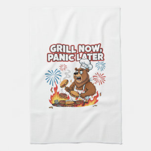 Funny BBQ Bear Grill Now Panic Later Fireworks Kitchen Towel