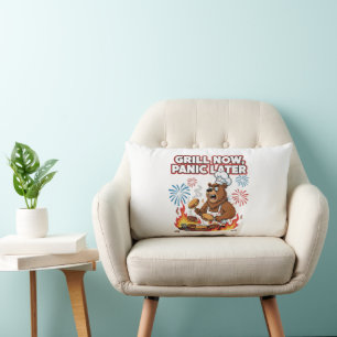 Funny BBQ Bear Grill Now Panic Later Fireworks Lumbar Pillow