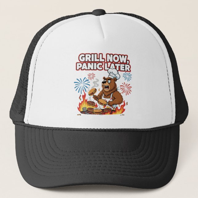 Funny BBQ Bear Grill Now Panic Later Fireworks Trucker Hat (Front)