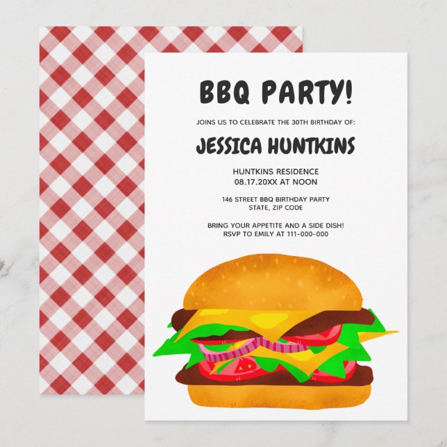 Funny bbq burger 30th birthday party plaid invitation (Front/Back)