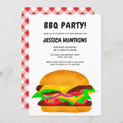 Funny bbq burger 30th birthday party plaid invitation