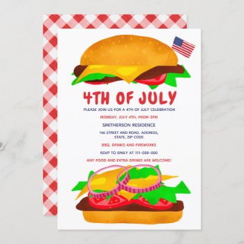 Funny Bbq Burger American Flag Plaid 4th Of July Invitation by girly_trend at Zazzle