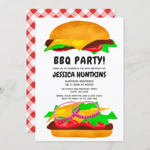 Funny bbq burger plaid 30th birthday party invitation