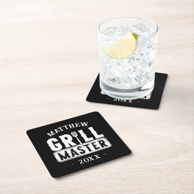 Funny BBQ Grill Master Personalized Barbecue King Square Paper Coaster (Insitu)
