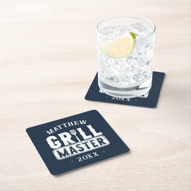 Funny BBQ Grill Master Personalized Barbecue King Square Paper Coaster (Insitu)