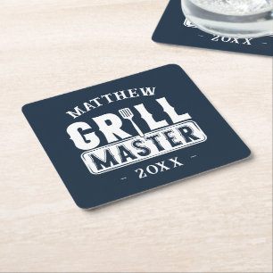Funny BBQ Grill Master Personalized Barbecue King Square Paper Coaster