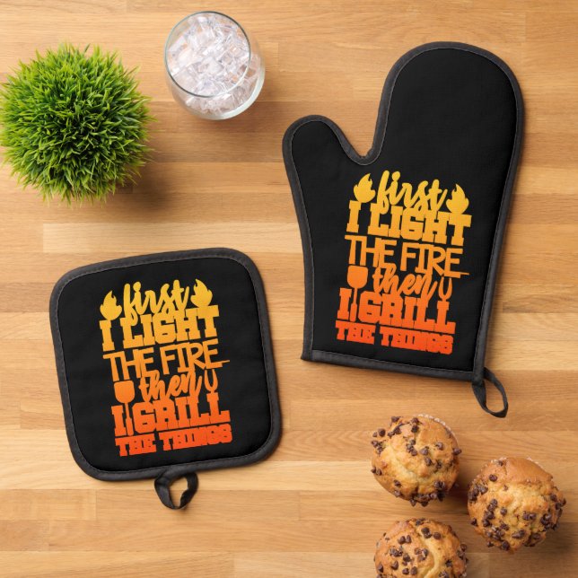 Funny BBQ Grill Quote Oven Mitt & Pot Holder Set (Top Down)