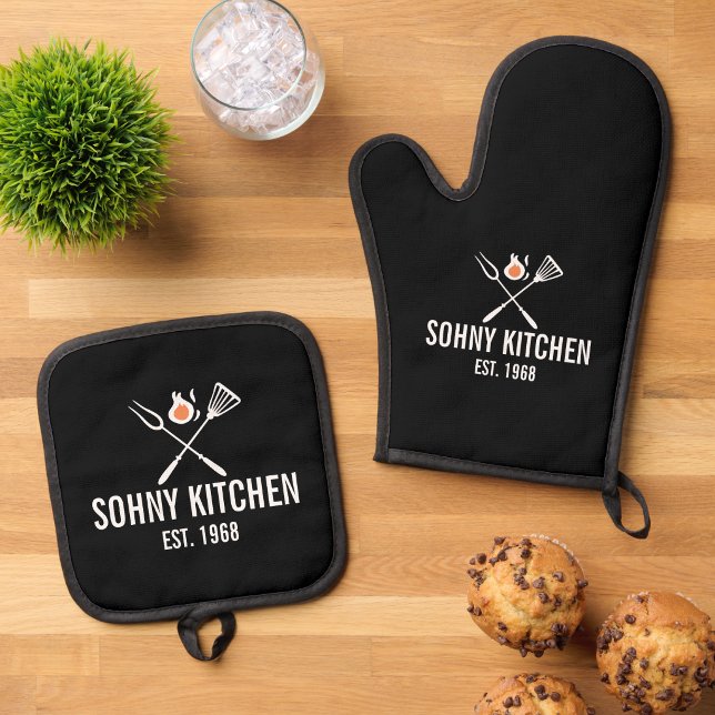 Funny BBQ Personalized Barbecue Kitchen Dining Oven Mitt & Pot Holder Set (BBQ Personalized Barbecue housewarming gift chef cooking for him name established year since est)