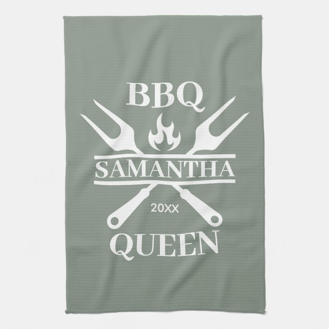 Funny BBQ Personalized Barbecue Queen Kitchen  Towel (Vertical)