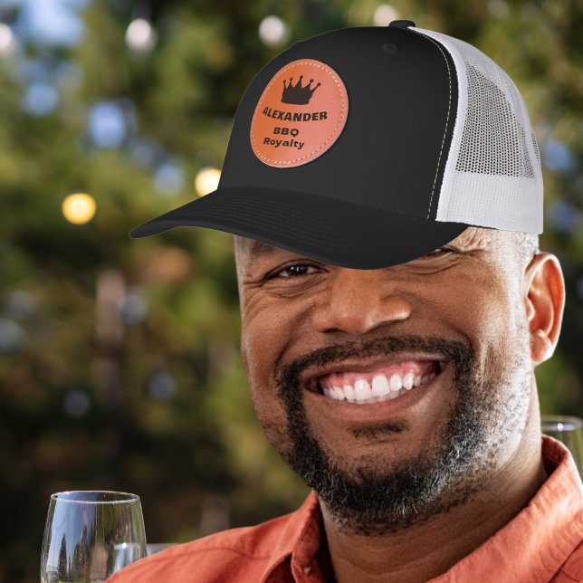 Funny BBQ Royalty Crown Personalized Leather Patch Hat (A trucker hat with 'BBQ Royalty caption', crown image and personalized name on a leather patch)