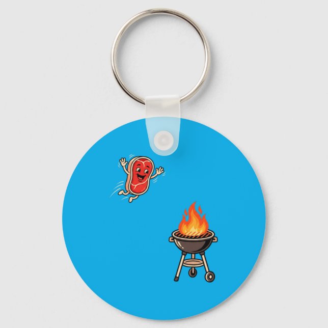 Funny Bbq Steak Jumping Into Grill Barbecue Master Keychain (Front)