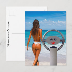 Funny Beach Binoculars Bikini Ocean View Humor 10  Holiday Postcard