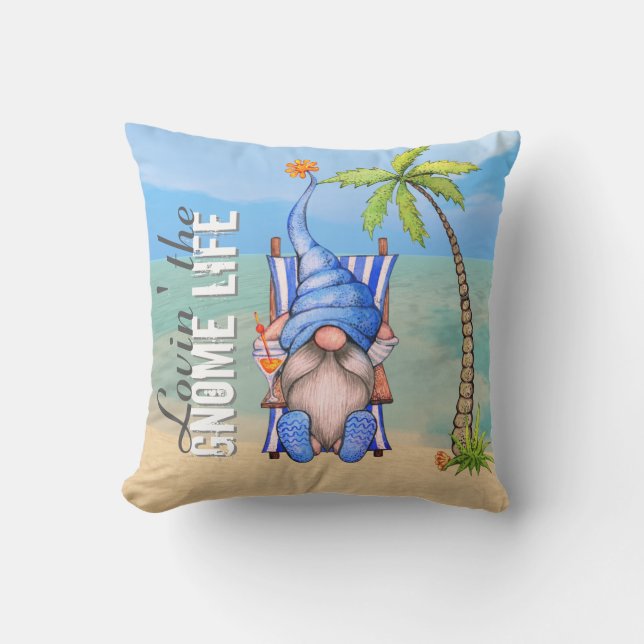 Funny Beach Chair Gnome Palm Tree Outdoor Pillow (Front)