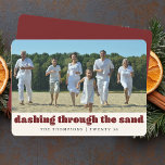 Funny Beach Christmas Customized Family Photo Red Holiday Card<br><div class="desc">Celebrate the holidays with tropical flair and humor using our Funny Beach Christmas Customized Family Photo Red Holiday Card. Perfect for families enjoying a warm coastal Christmas, this card features playful captions like "Seas and Greetings" and "Dashing through the Sand, " adding a fun twist to your beach-themed family photo....</div>