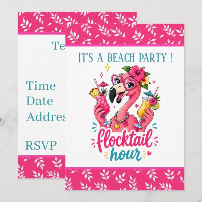 Funny beach pink flamingo Flocktail party  Invitation (Front/Back)