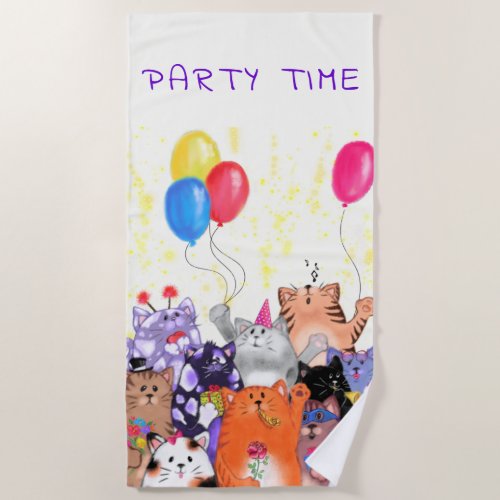 Funny Beach Towel Happy Cats Party _ Custom Text
