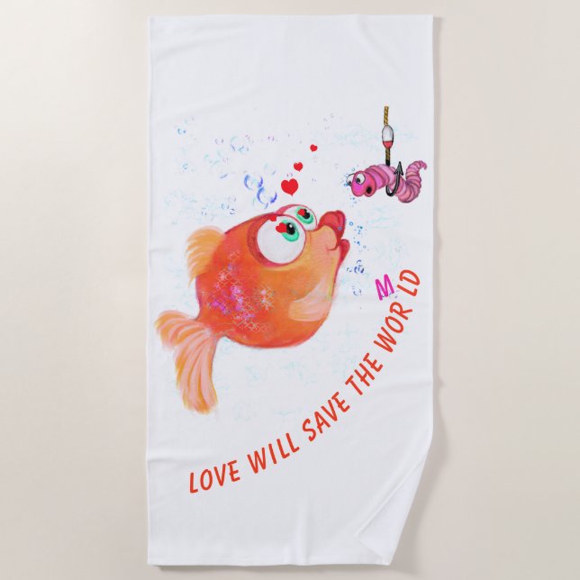 Funny Beach Towel with Fish and Worm Custom Text (Front)