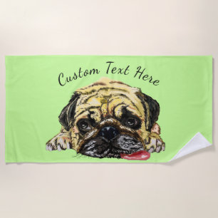 Funny Beach Towel with Pug Dog and Custom Text