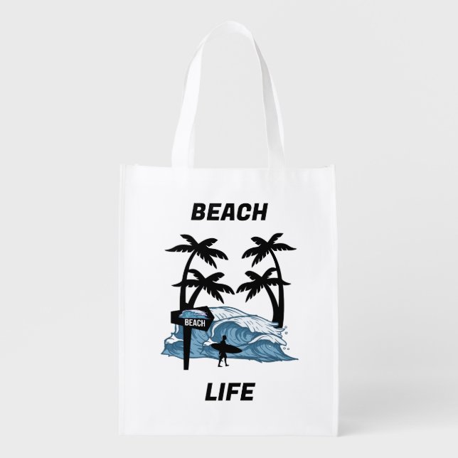 Funny Beach Wave Grocery Bag (Front)