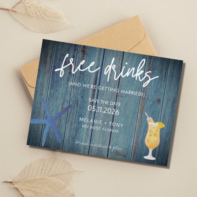 Funny Beach Wedding Save the Dates Announcement Postcard (Funny Free Drinks Beach Wedding Save the Date)