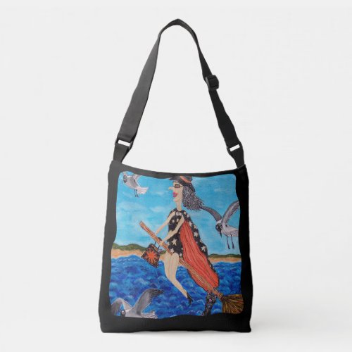 Funny Beach Witch Flying on Broom Ocean Seagulls Crossbody Bag