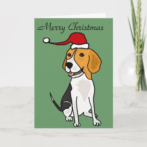 Funny Beagle Dog in Santa Hat Christmas Art Holiday Card