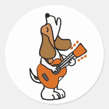 Funny Beagle Dog Singing And Playing Guitar Classic Round Sticker by Petspower at Zazzle