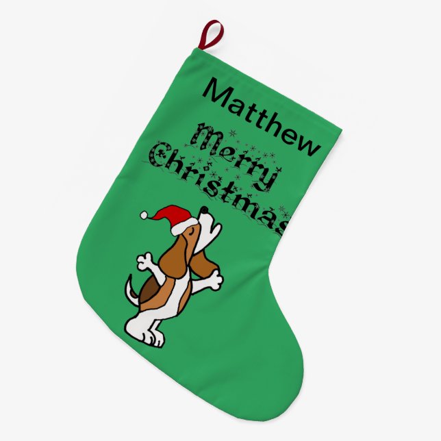 Funny Beagle Dog Singing Christmas Carols Large Christmas Stocking (Front (Hanging))