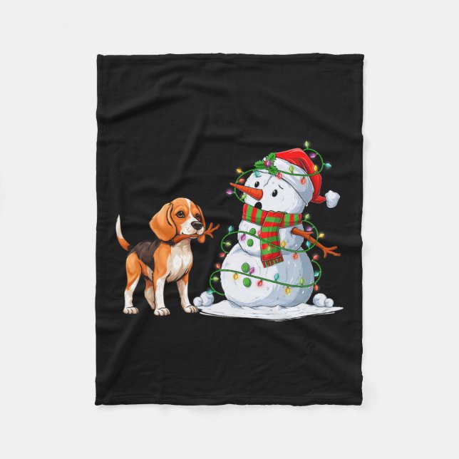 Funny Beagle Dog Snowman Christmas Tree Lights Xma Fleece Blanket (Front)