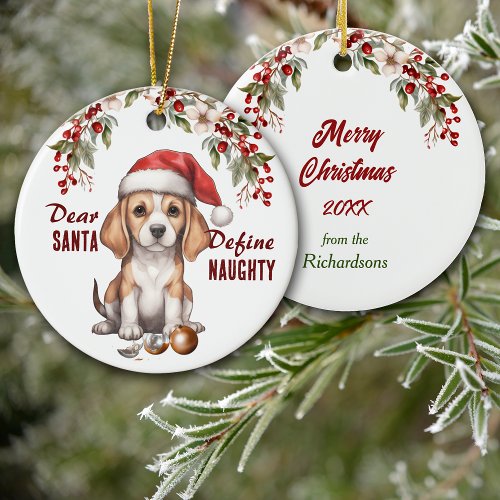 Funny Beagle Puppy Define Naughty Christmas Ceramic Ornament