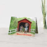 Funny Beagle Red Covered Bridge Christmas Holiday Card