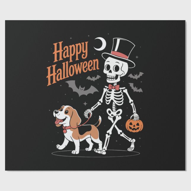 Funny Beagle Skeleton Dog Walking Wrapping Paper (Flat)