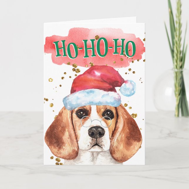 Funny beagle wearing Santa hat shades greeting Holiday Card (Front)