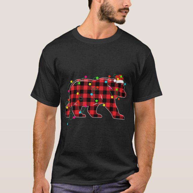 Funny Bear Christmas Tree Red Plaid Xmas Animals L T-Shirt (Front)