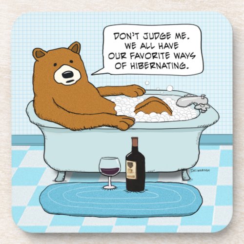 Funny Bear Drinking Wine Relaxing in Tub Drink Coaster
