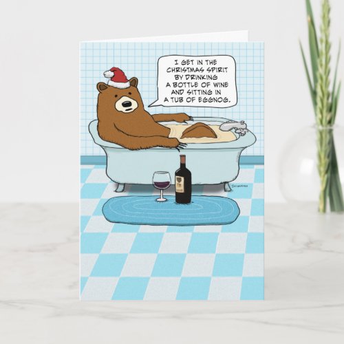 Funny Bear Drinking Wine Soaking in Tub Christmas Holiday Card