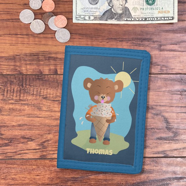 Funny Bear Eating Ice Cream Kid Blue Wallet (Cute brown bear eating ice cream kid wallet with name . 
)