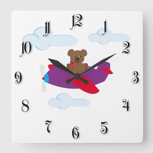 Funny bear flying by plane square wall clock (Front)