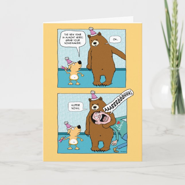 Funny Bear Has Noisemaker New Year's Holiday Card (Front)