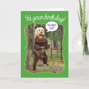 Funny Bear in the Woods With Birthday Cake Card