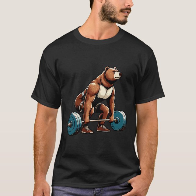 Funny Bear Lifting Weights Bodybuilding Workout Gy T-Shirt (Front)