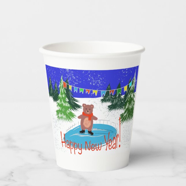 Funny bear on winter skates paper cups (Front)