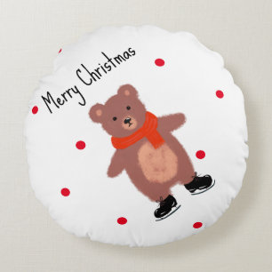 Funny bear on winter skates round pillow