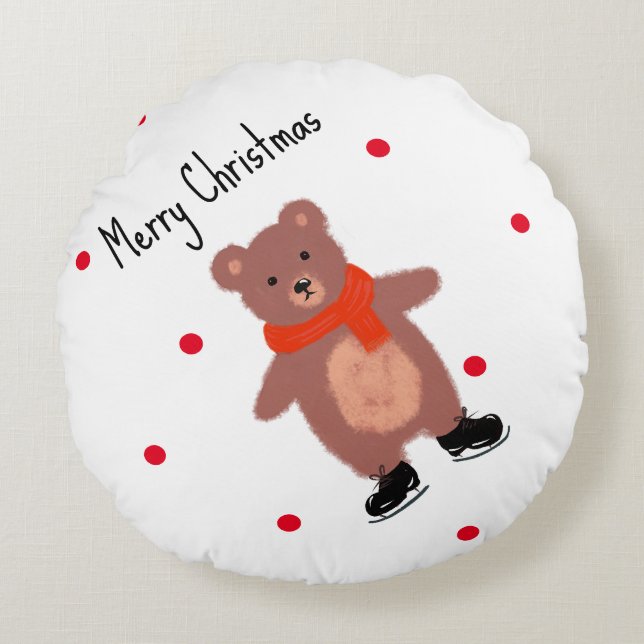 Funny bear on winter skates round pillow (Front)