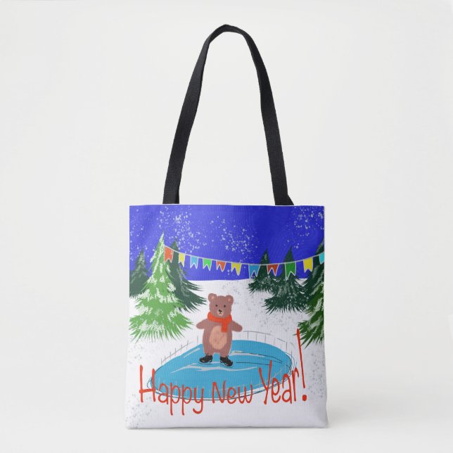 Funny bear on winter skates tote bag (Front)